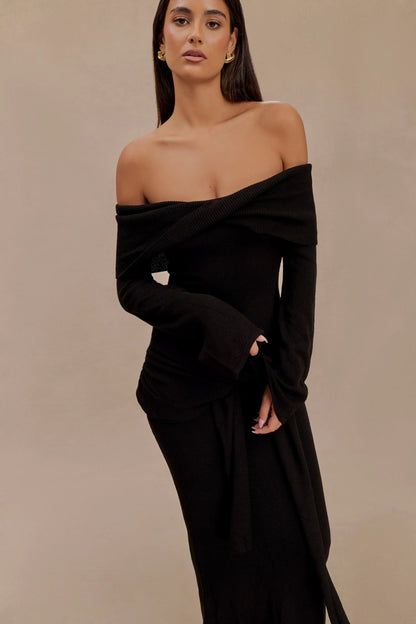 Cameron Off Shoulder Tie Maxi Dress - Black