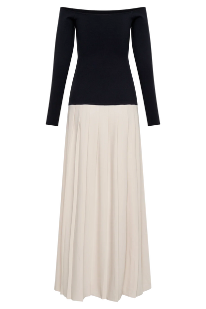 Presley Contrast Knit Off Shoulder Maxi Dress - Navy And Cream