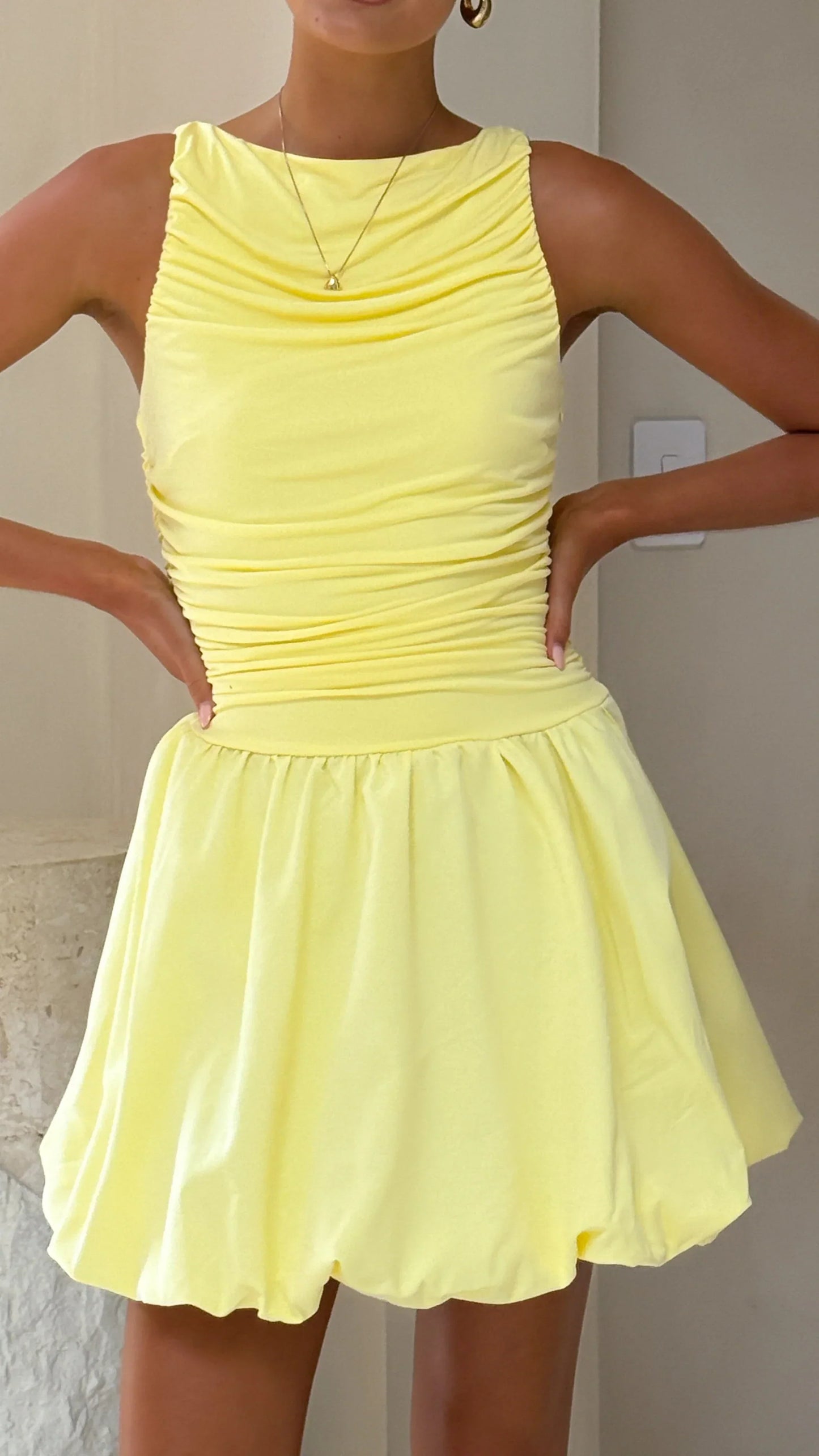 Meera Boat Neck Mini Dress - Lemon