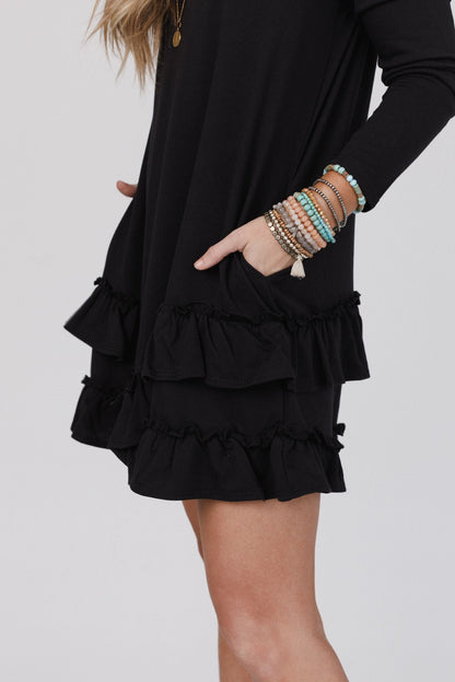 The Nest Constance Ruffle Hem Long Sleeve Dress - Black