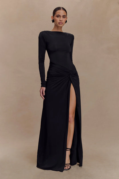 Deanna Long Sleeve Gathered Maxi Dress - Black