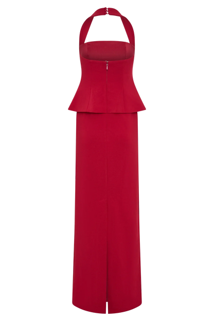 Bertie Peplum Halter Maxi Dress - Ruby