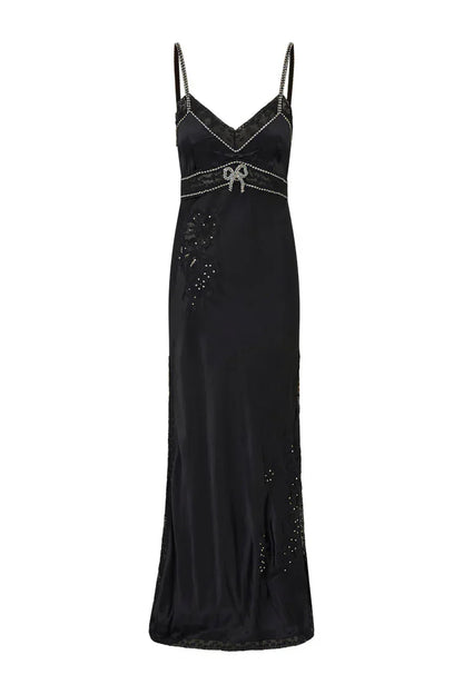 Valea Embellished Satin Maxi Dress - BLACK