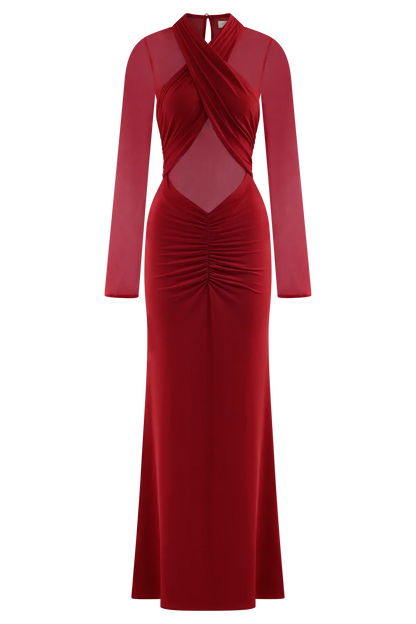 Tania Slinky And Mesh Long Sleeve Maxi Dress - Ruby