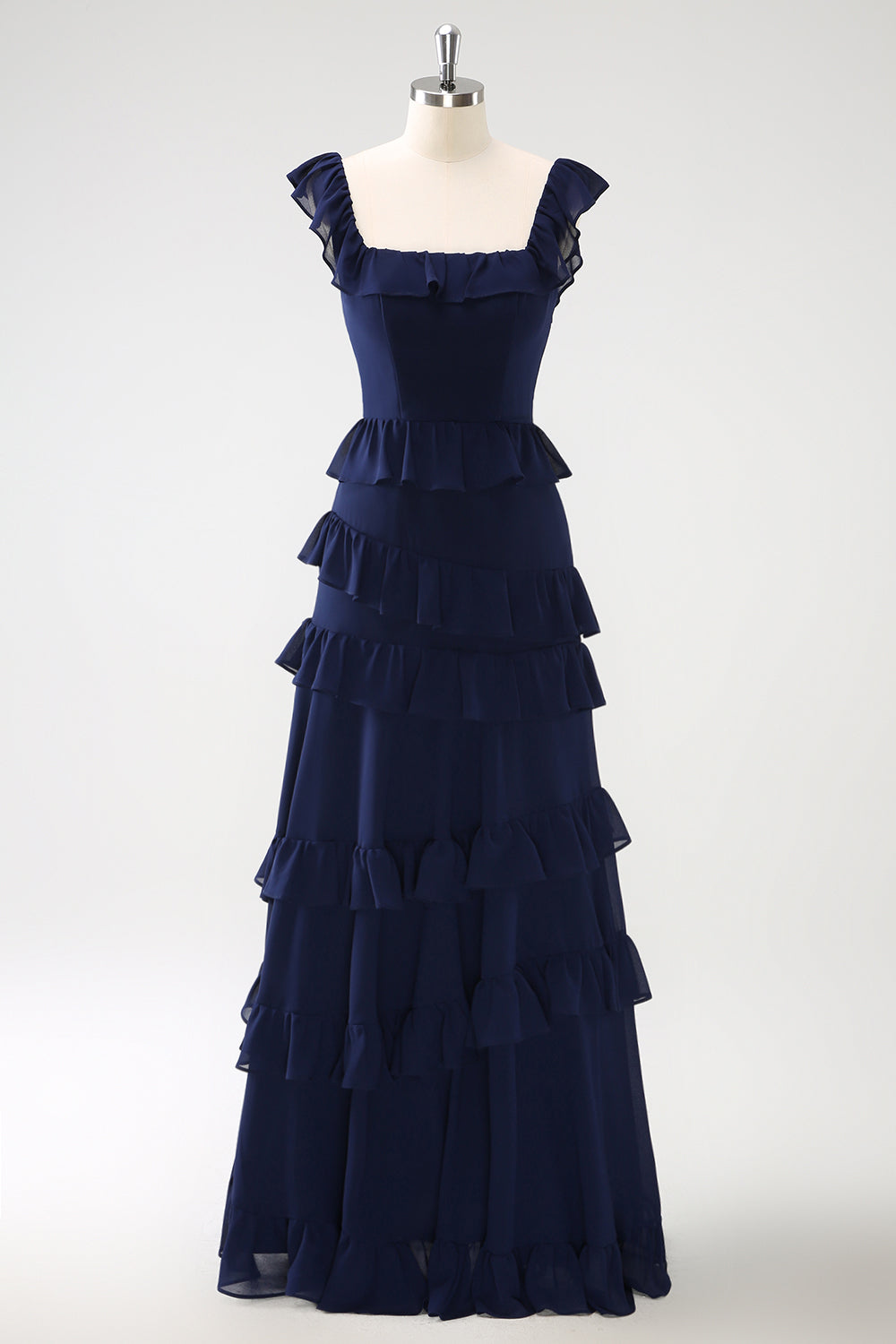Dark Navy A-Line Ruffleed Chiffon Long Bridesmaid Dress with Slit
