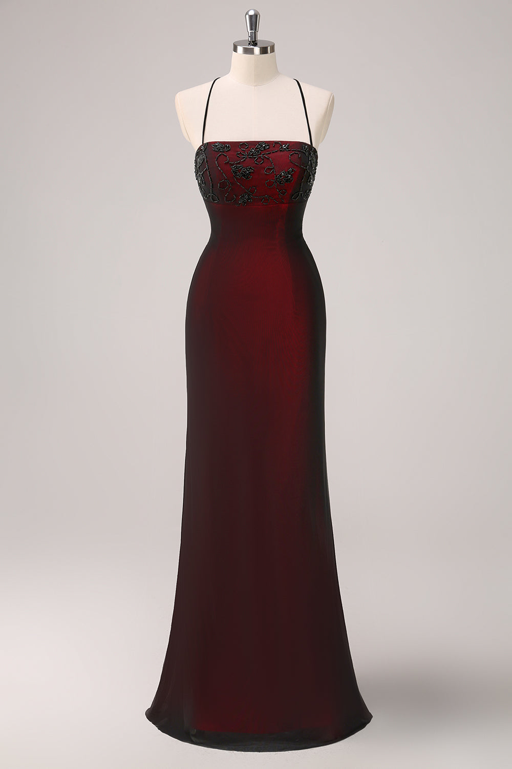 Sparkly Black Red Mermaid Spaghetti Straps Long Bridesmaid Dress with Beading