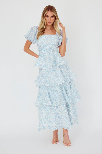 Giavana Puff Sleeve Layered Maxi Dress Floral Blue