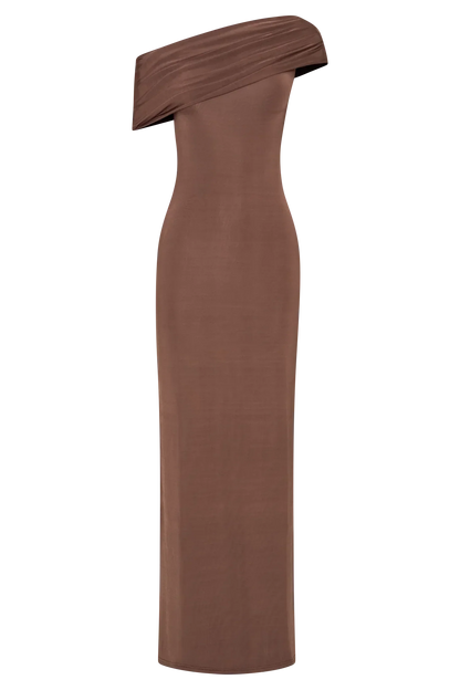 Cassandra Off Shoulder Slinky Maxi Dress - Chocolate