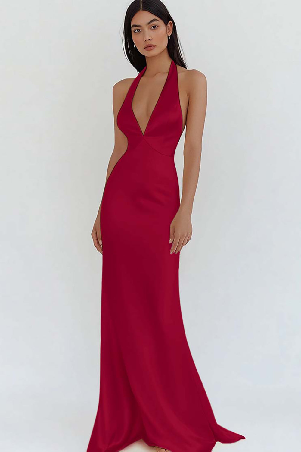 Daffodil Satin Sheath Halter V-Neck Long Prom Dress