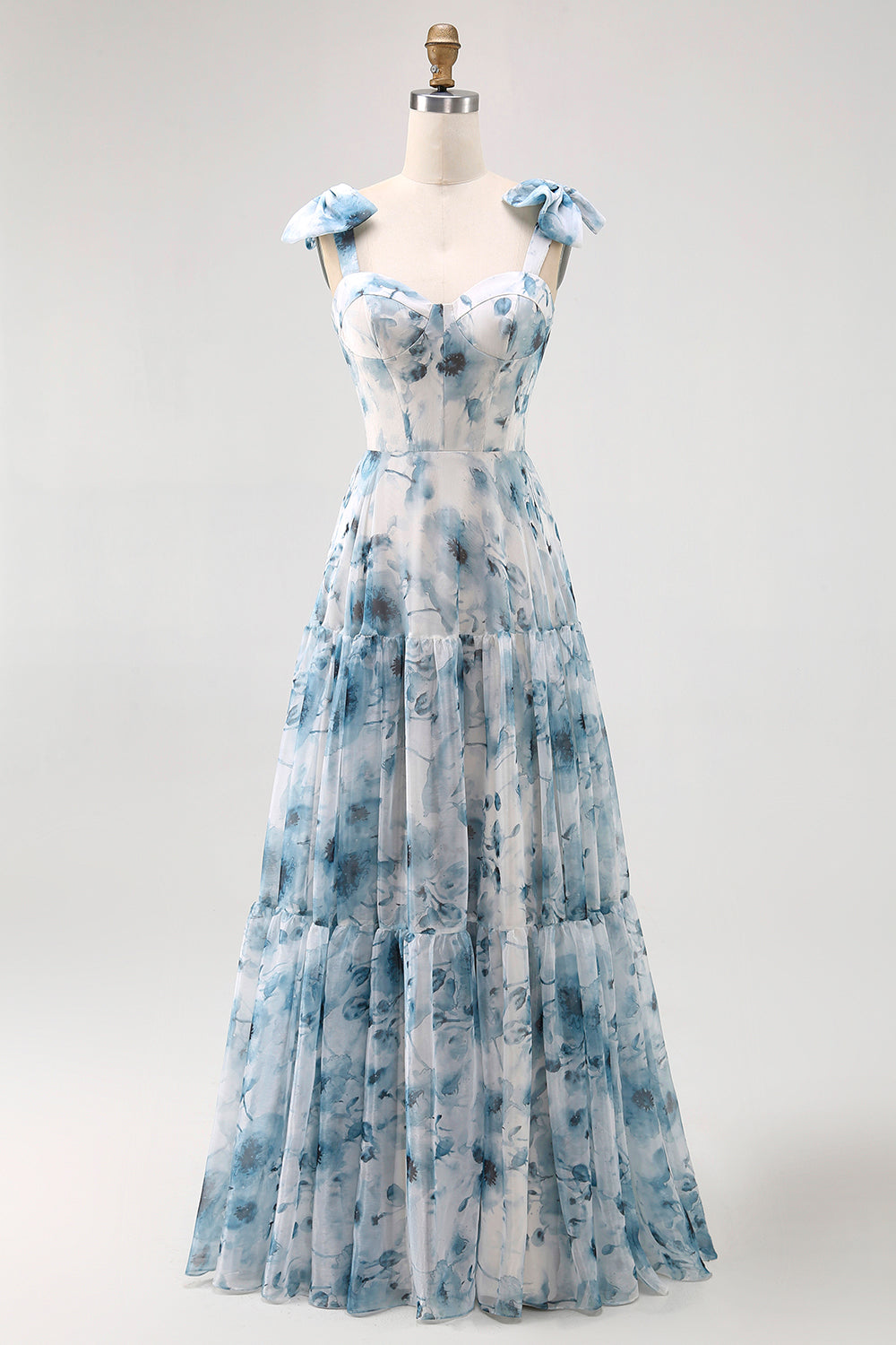 Blue A Line Floral Chiffon Long Bridesmaid Dress