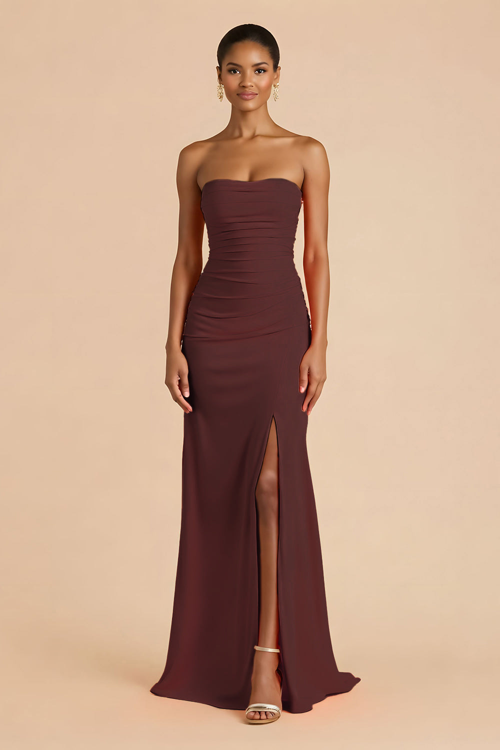 Orange Sheath Chiffon Ruched Strapless Long Bridesmaid Dress with Slit