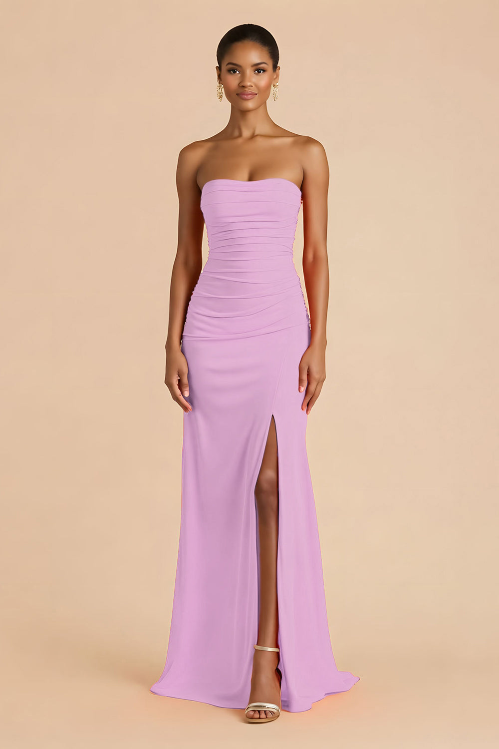 Orange Sheath Chiffon Ruched Strapless Long Bridesmaid Dress with Slit