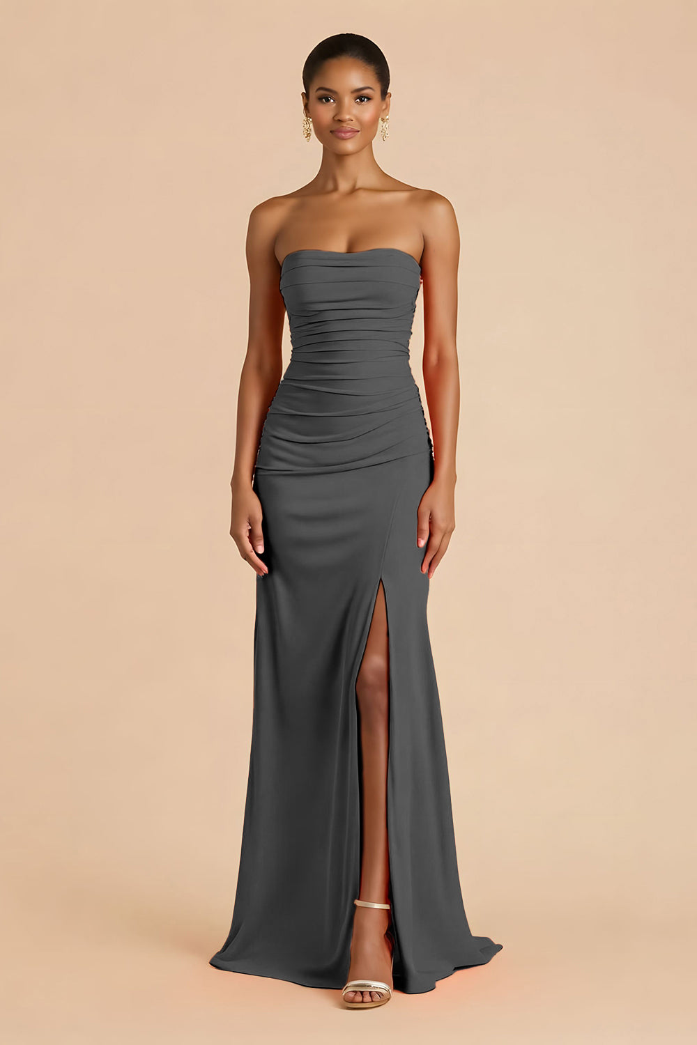 Orange Sheath Chiffon Ruched Strapless Long Bridesmaid Dress with Slit