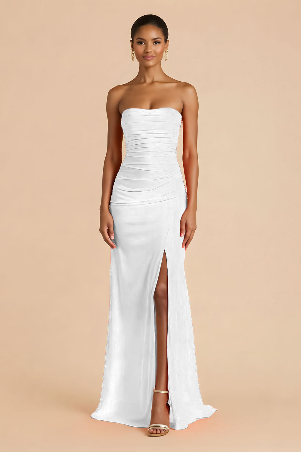 Orange Sheath Chiffon Ruched Strapless Long Bridesmaid Dress with Slit