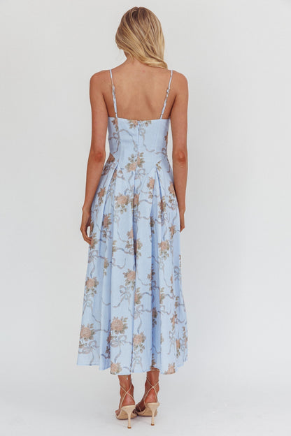 Get My Attention Pleat Waist Maxi Dress Bow Blue