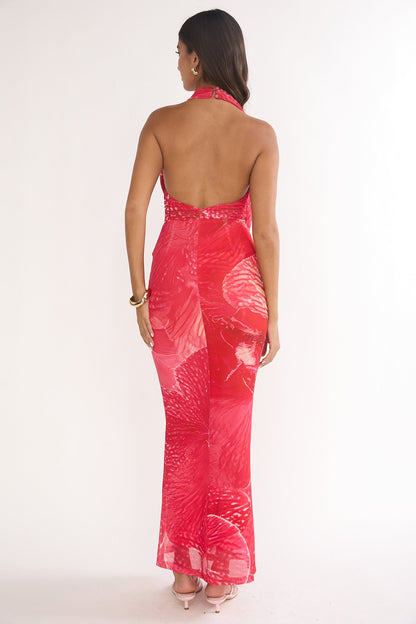 Everra Halterneck Drape Maxi Dress Print Red