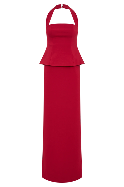 Bertie Peplum Halter Maxi Dress - Ruby