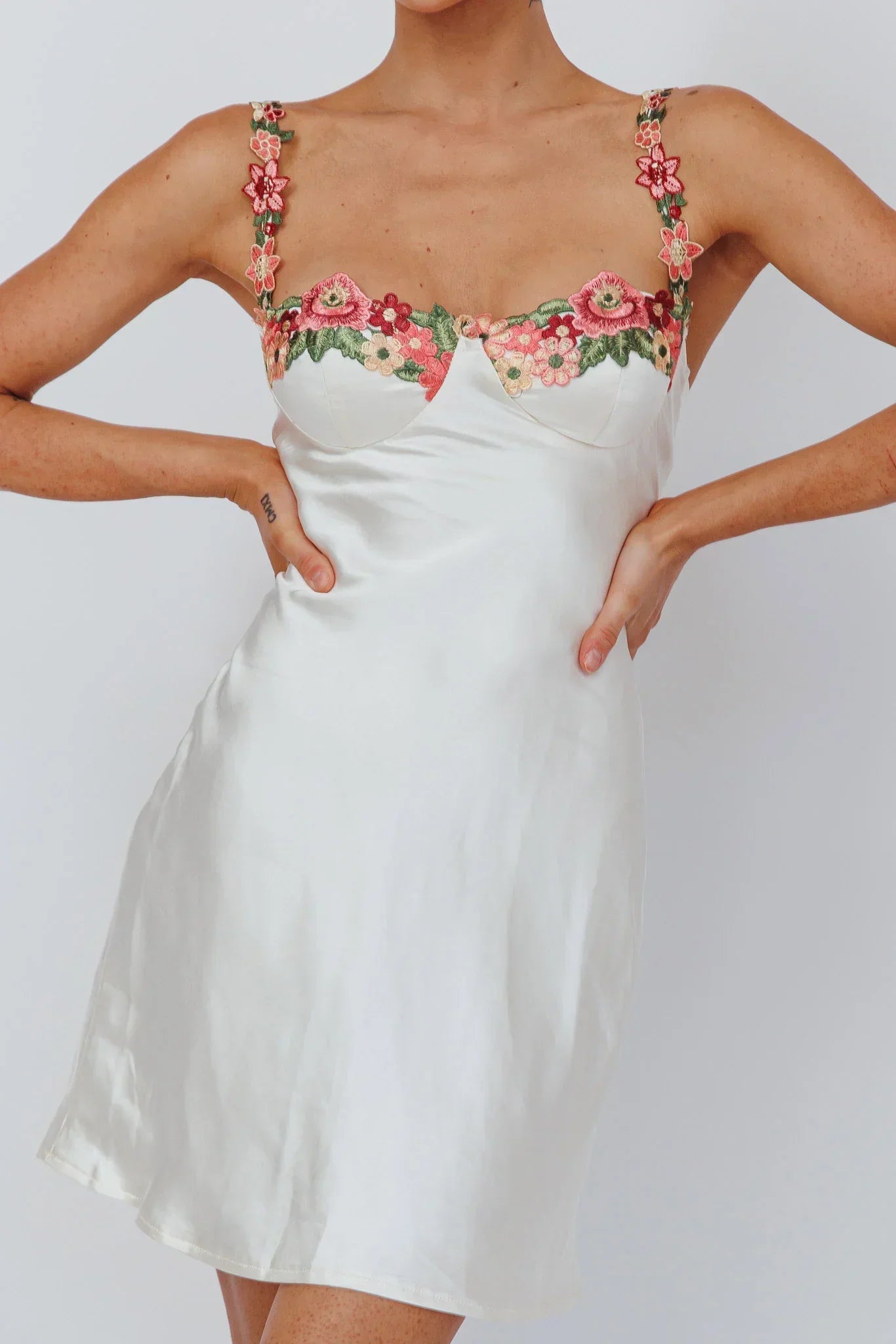 Rose Garden Floral Applique Mini Dress Oyster
