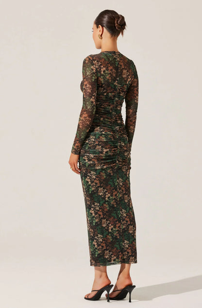 Mesh Sweetheart Ruched Maxi Dress