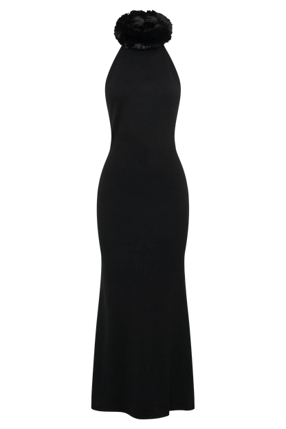 Elva Halter Knit Maxi Dress With Faux Fur - Black
