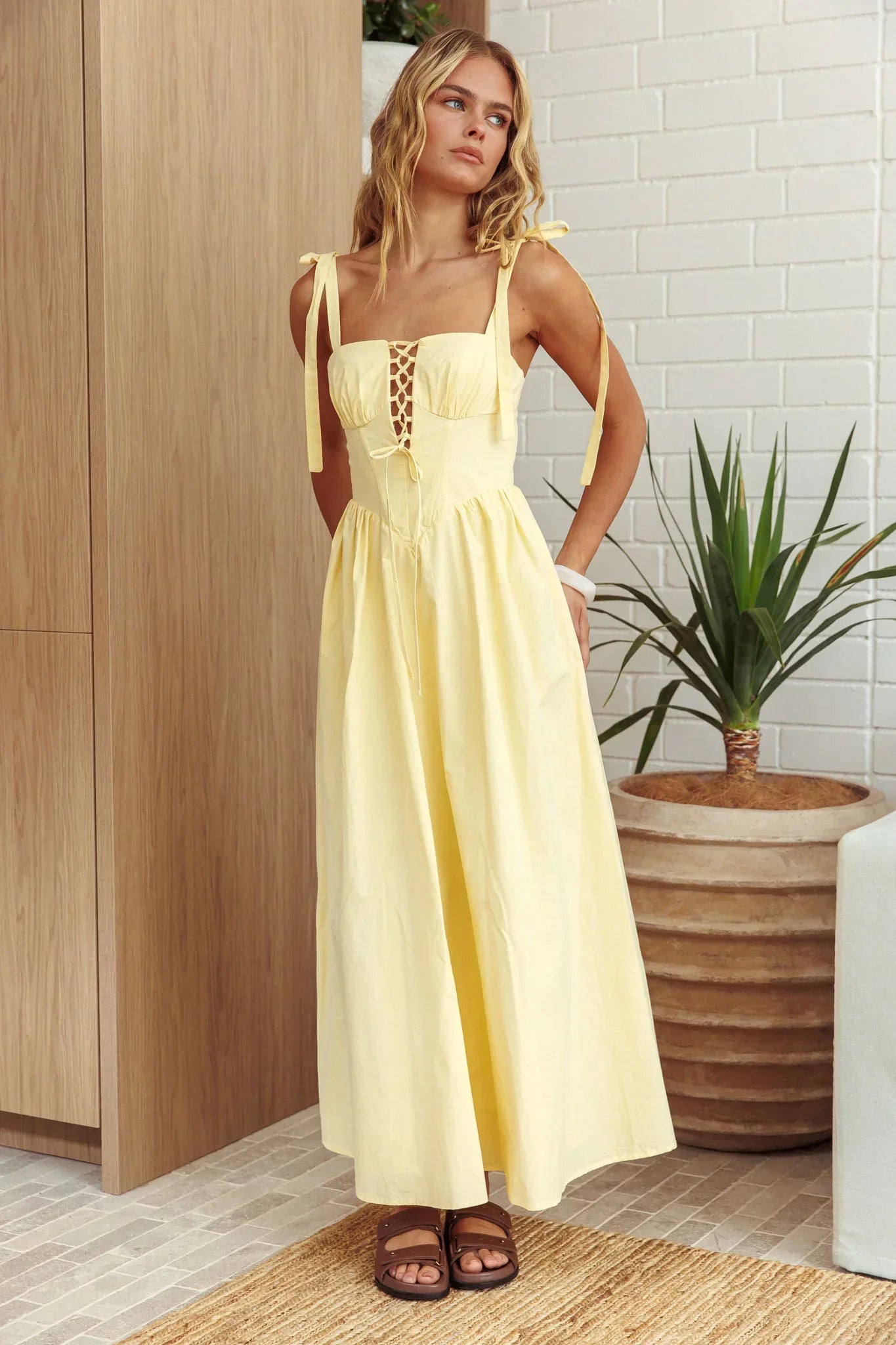 Kiahna Lace-Up Bodice Maxi Dress Butter