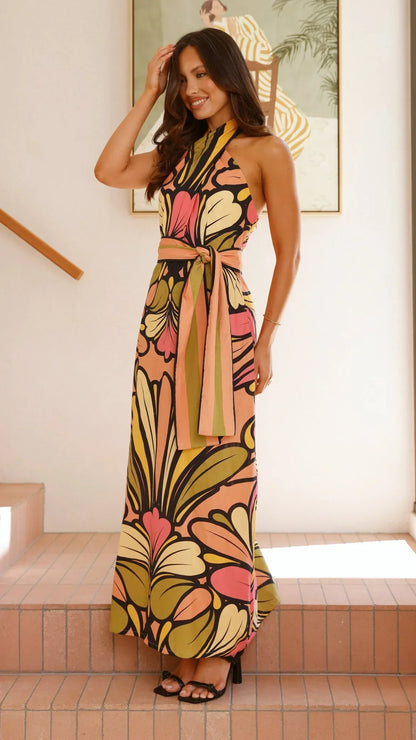 Portugal Twist Halter Maxi Dress - Melon