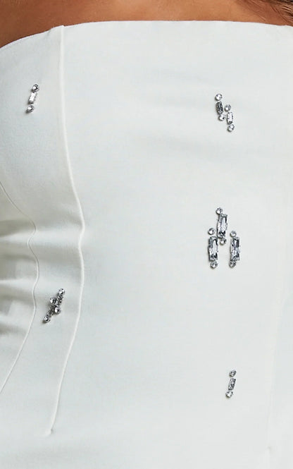 Anziel Mini Dress - Strapless Structured Cluster Embellishment Dress in White