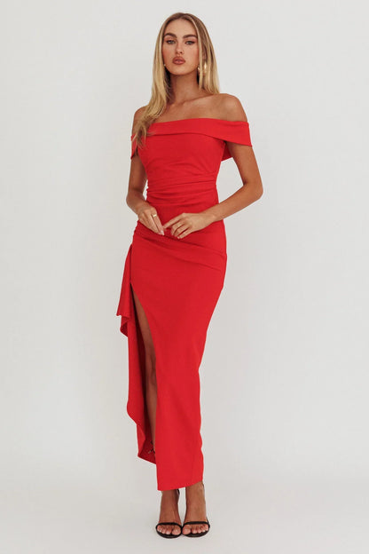 Cha Cha Off Shoulder Thigh Split Maxi Dress Red
