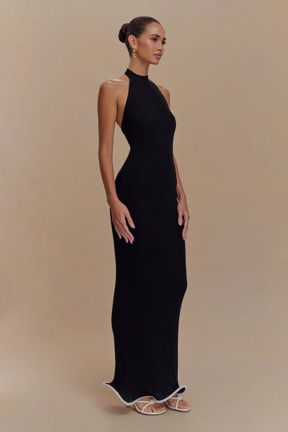 Melodie Halter Knit Maxi Dress - Black/White