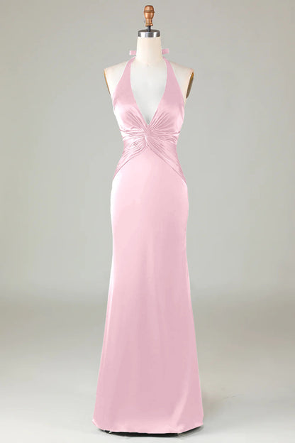 Mermaid Halter Dark Green Long Satin Bridesmaid Dress