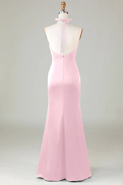 Mermaid Halter Dark Green Long Satin Bridesmaid Dress