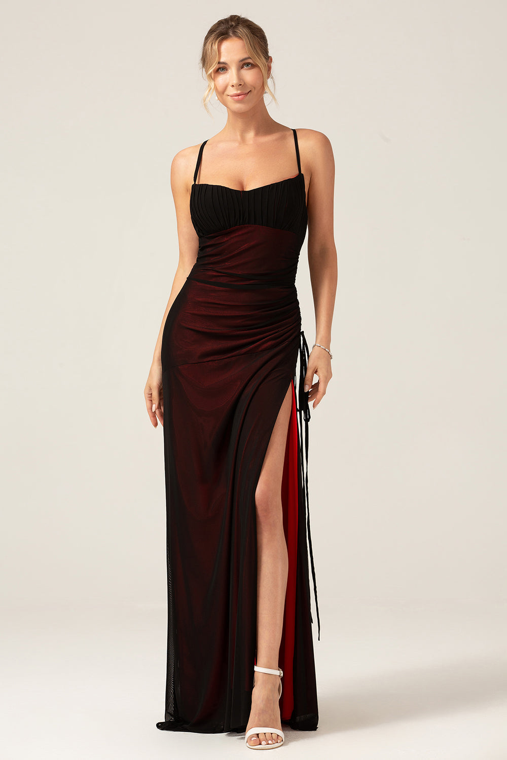 Sheath Spaghetti Straps Black Blue Floor Length Bridesmaid Dress