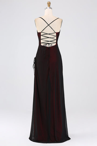 Black Red Spaghetti Straps Mermaid Pleated Long Bridesmaid Dress with Slit