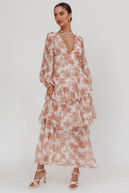 Veda Long Sleeve Floral Tiered Ruffle Maxi Dress Peach