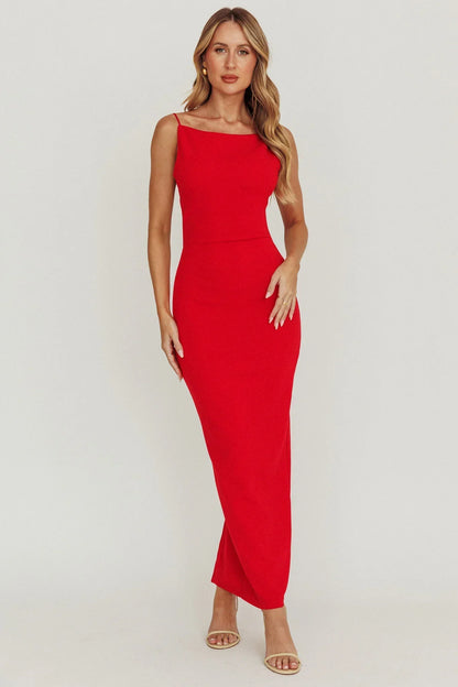 Yindi Backless Boat Neck Maxi Dress Red