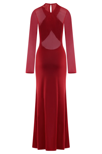 Tania Slinky And Mesh Long Sleeve Maxi Dress - Ruby