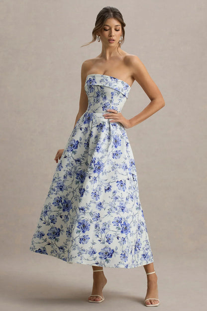 Annalise | Blue Porcelain Print Bandeau Skater Midi Dress