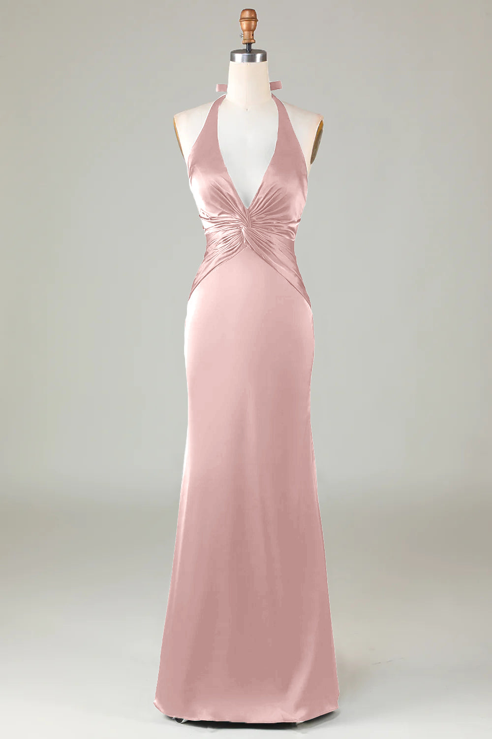 Dusty Sage Satin Sheath Halter Long Bridesmaid Dress