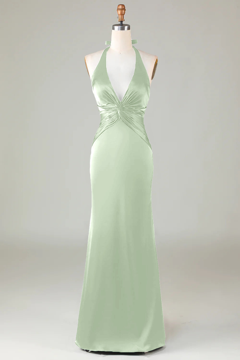 Dusty Sage Satin Sheath Halter Long Bridesmaid Dress