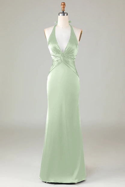 Mermaid Halter Dark Green Long Satin Bridesmaid Dress