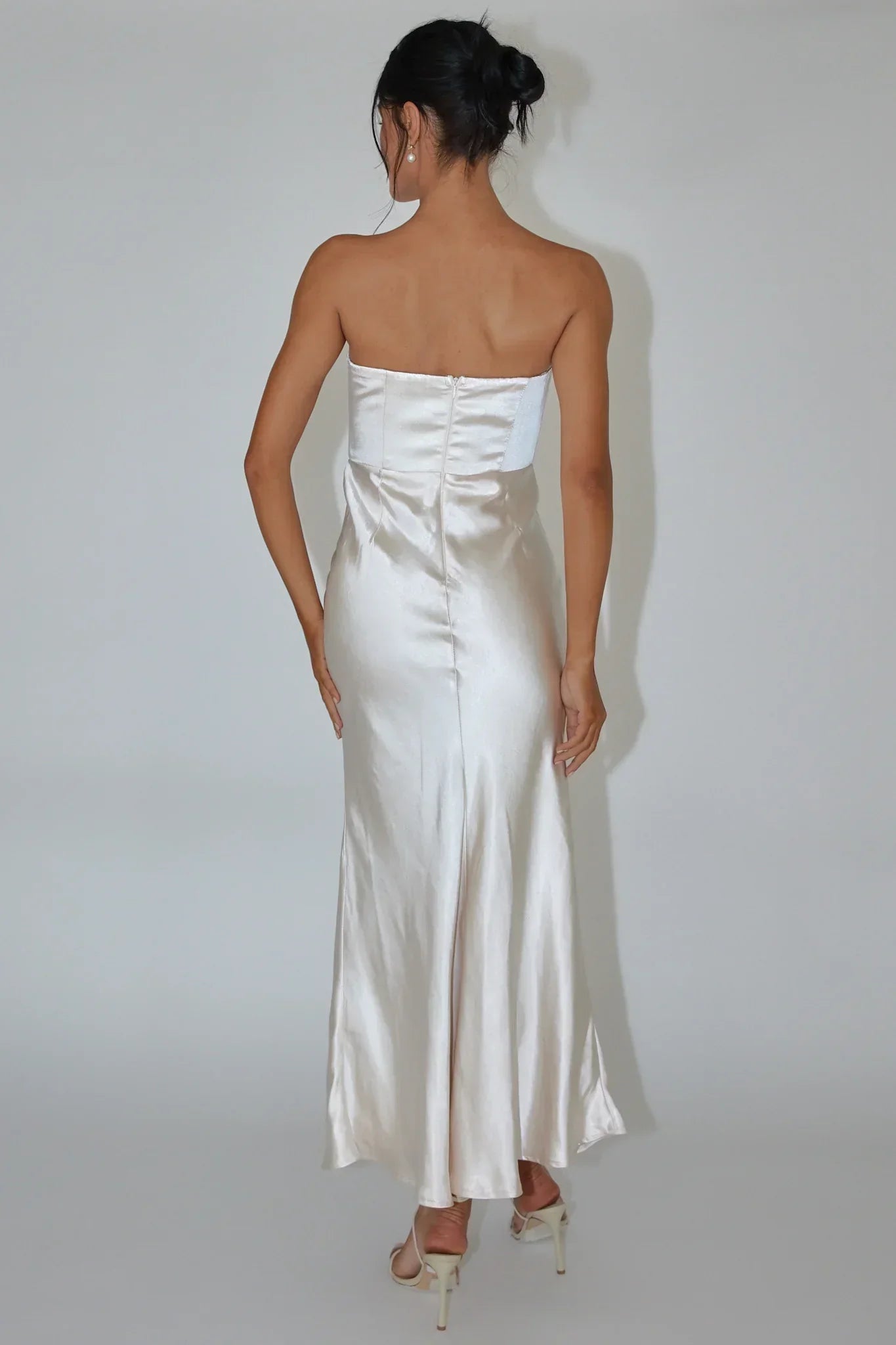 Encore Strapless Satin Maxi Dress Champagne