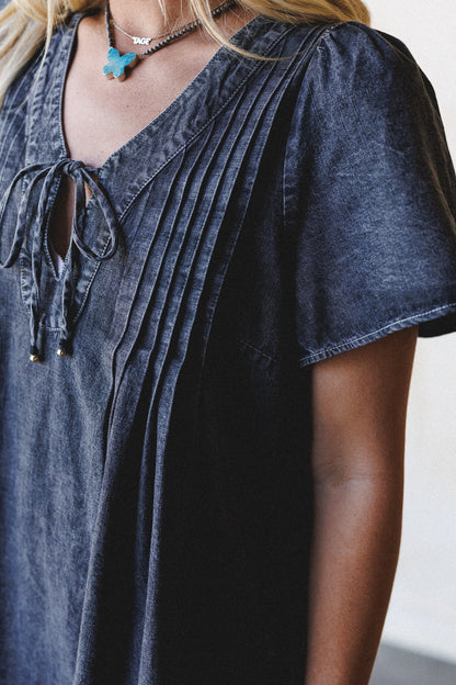 Getaway Pleated Denim Dress - Black