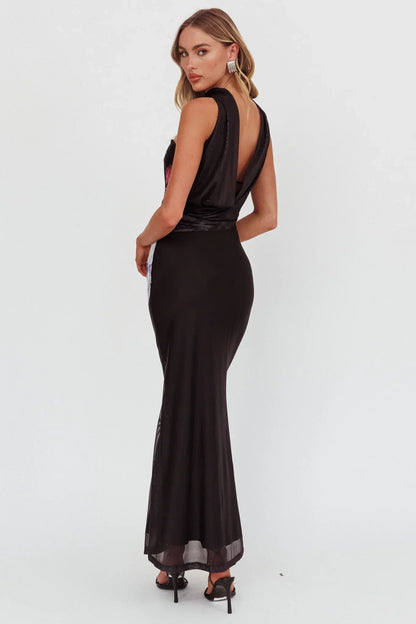 Damsel Reverse Halter Mesh Maxi Dress Flower Black