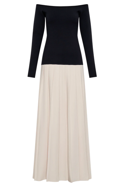 Presley Contrast Knit Off Shoulder Maxi Dress - Navy And Cream