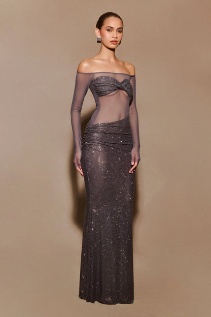 Nash Diamante Off Shoulder Maxi Dress - Gunmetal