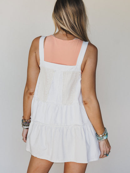 Petal Pockets Crochet Denim Dress - White