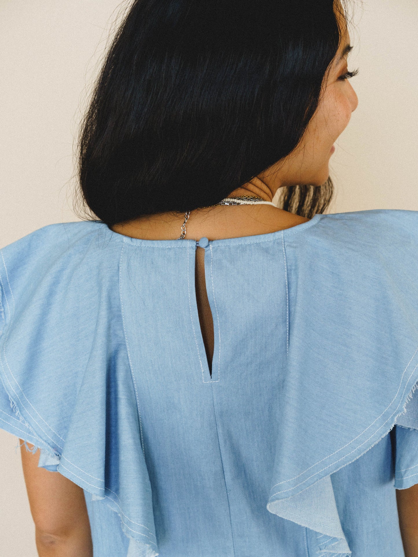 Chambray Daydream Flutter Sleeve Dress - Light Denim