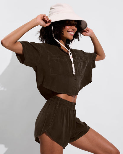 Day Trip Button Down *Cropped - Cold Brew