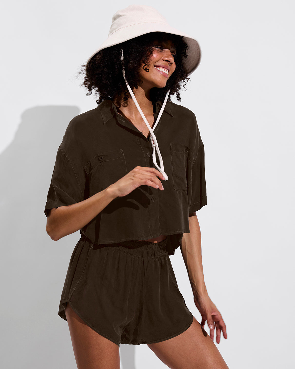 Day Trip Button Down *Cropped - Cold Brew