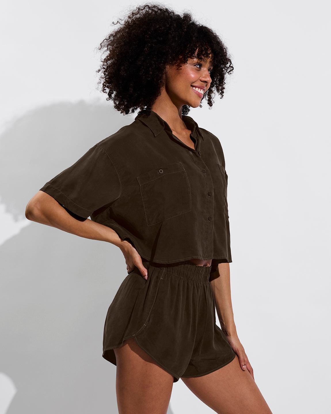 Day Trip Button Down *Cropped - Cold Brew